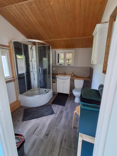 a bathroom with a shower and two toilets and a tub at Domki Spore in Spore