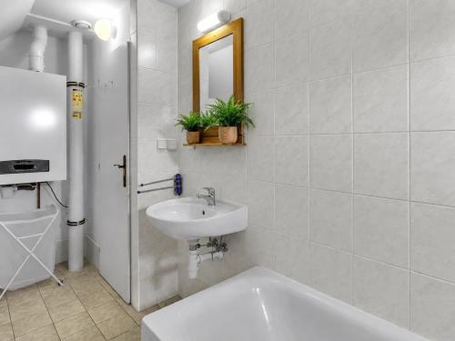 a bathroom with a sink and a tub and a mirror at Chata Křemenka in Lauterwasser