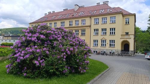 a large building with purple flowers in front of it at LECH Home APARTAMENT NA GÓRZE in Wisła