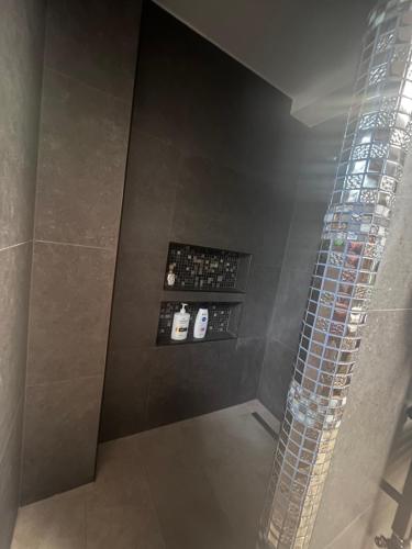 a bathroom with a shower with a glass wall at Vadkörte Balaton Apartman in Balatonfůzfő