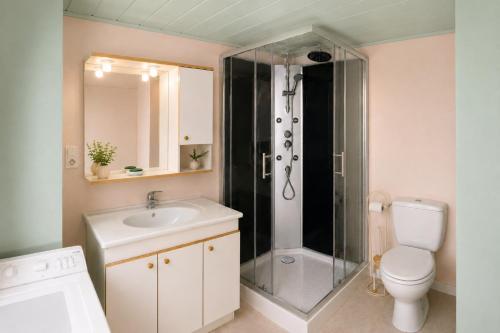 a bathroom with a shower and a toilet and a sink at Charmant T2 en RDC au centre de Figeac in Figeac