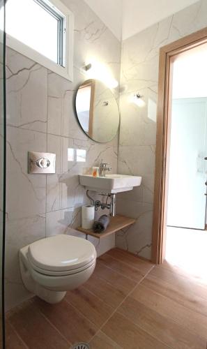 a bathroom with a toilet and a sink and a mirror at Ioannis Fotinos Studios in Lygia