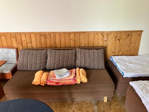 a brown couch with pillows and a blanket on it at Chaty u Toma Slapy in Nalžovice