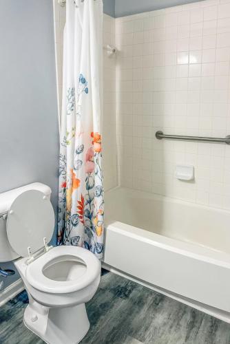 a bathroom with a toilet and a shower curtain at Nyakio Suite in Chesapeake