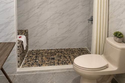 a bathroom with a toilet and a walk in shower at Econo Lodge Calhoun South in Calhoun