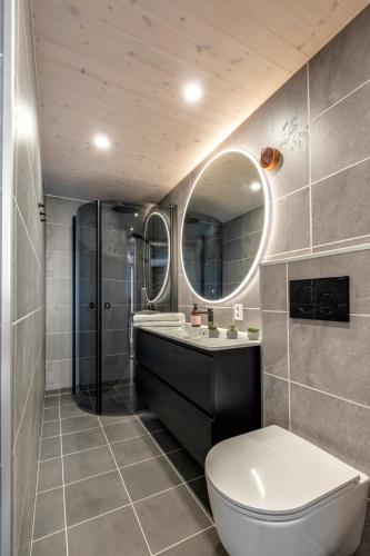 a bathroom with a toilet and a sink and a mirror at Arctic Nest in Nyksund