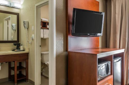 a bathroom with a toilet and a tv in a room at Comfort Inn Savannah Midtown in Savannah
