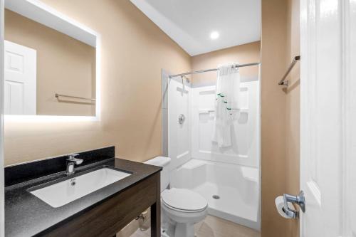 a bathroom with a sink and a toilet and a shower at Suburban Studios Charlotte - Ballantyne in Charlotte