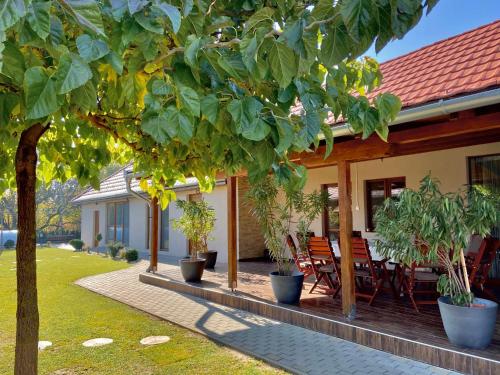 a house with potted plants on the front porch at Virág Vendégház in Hercegkút