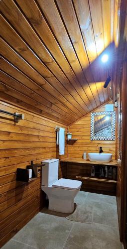 a wooden bathroom with a toilet and a sink at ShodaView in Oni