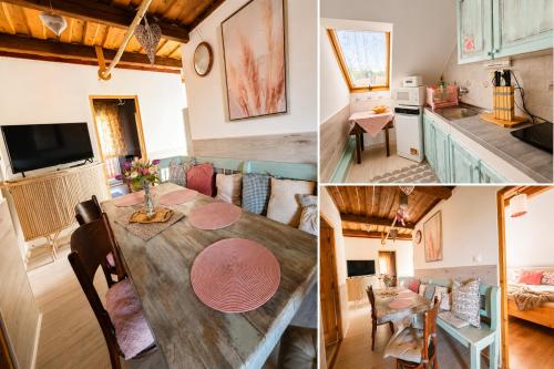 a collage of photos of a kitchen and a living room at Penzión U Koníka in Liptovský Ján