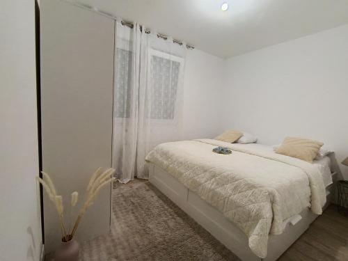 a white bedroom with a bed and a window at Maison spacieuse in Saint-Julien-de-Concelles