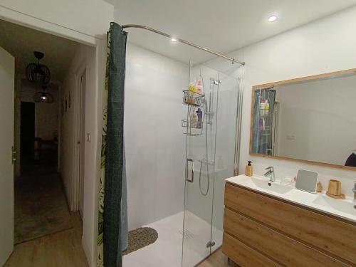 a bathroom with a glass shower and a sink at Maison spacieuse in Saint-Julien-de-Concelles