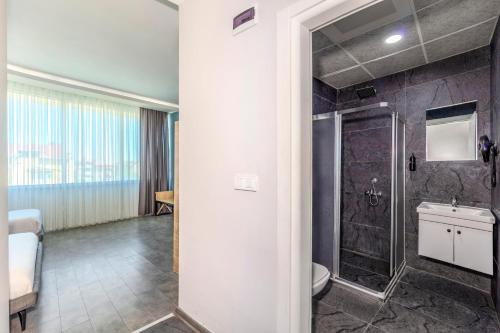 a bathroom with a shower and a toilet and a sink at Dedem Hotel Express-İstanbul Airport-Round Trip Airport Service in Arnavutköy
