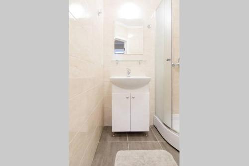 La salle de bains blanche est pourvue d'un lavabo et d'une douche. dans l'établissement Apartment on Deribasovskaya 18, à Odessa