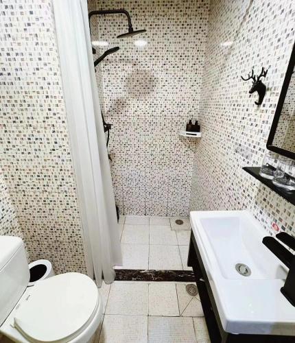 a bathroom with a shower and a toilet and a sink at Tulips apartment in Chengdu