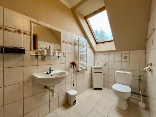 a bathroom with a sink and a toilet and a window at Penzion Žírovice in Františkovy Lázně