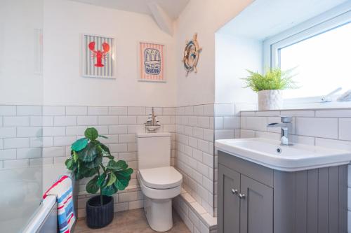a bathroom with a toilet and a sink at Gerallt in Pwllheli