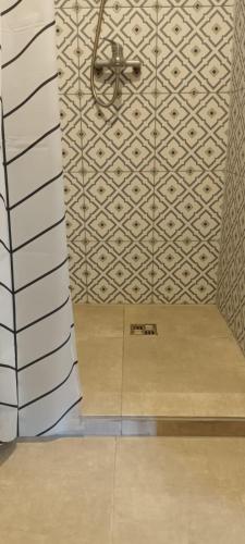 a bathroom with a tile wall with a shower at Staltbrieži in Ratnieki