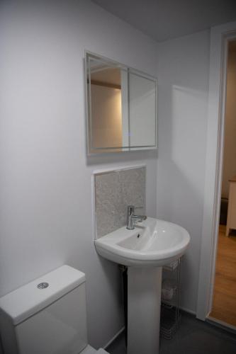 a white bathroom with a sink and a mirror at Stylish Apartment Coppcliffe Grantham in Grantham