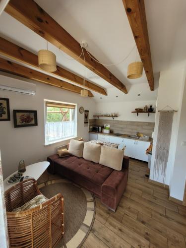 a living room with a brown couch and a kitchen at Domki Strumieniowa in Wólka Tanewska