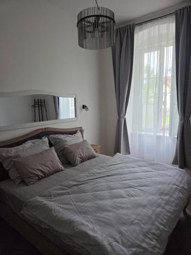 a bedroom with a large bed and a window at Apartmán Square Lipno in Horní Planá