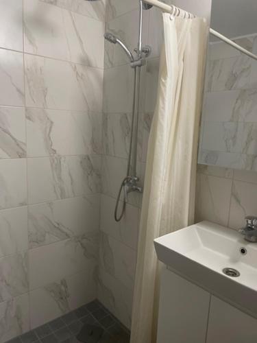 a bathroom with a shower curtain and a sink at Frendlen Papiniidu Apartment in Pärnu