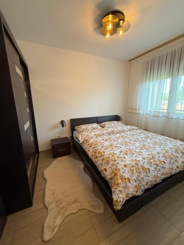 a bedroom with a bed and a window and a rug at Kokolino in Irig