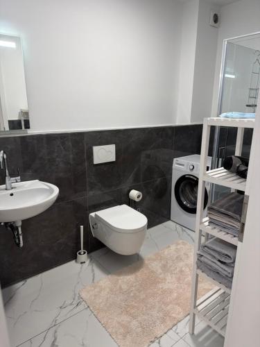 a bathroom with a white toilet and a sink at Hansehaus Lübeck - Stadtnest in Lübeck