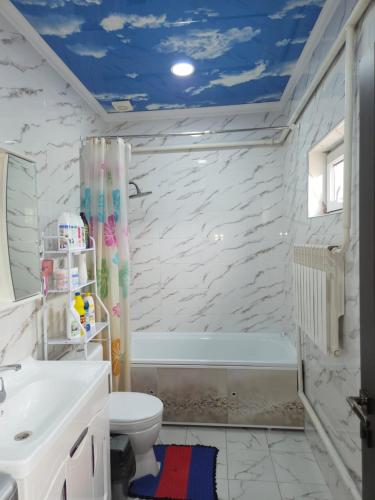 a bathroom with a tub and a toilet and a sink at Dosoi Guest House Experience Song-Kul with Horseback Tours in Kyzylemgek