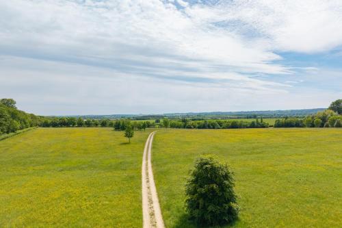 a road in a field with a tree in the middle at Claytons Hideaway in Adlestrop