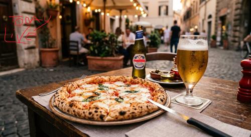 a pizza on a table next to a glass of beer at casa lontana only genius in Borgofranco dʼIvrea