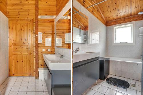 two pictures of a bathroom with a sink and a tub at Fins Chalet op vakantiepark in Gramsbergen