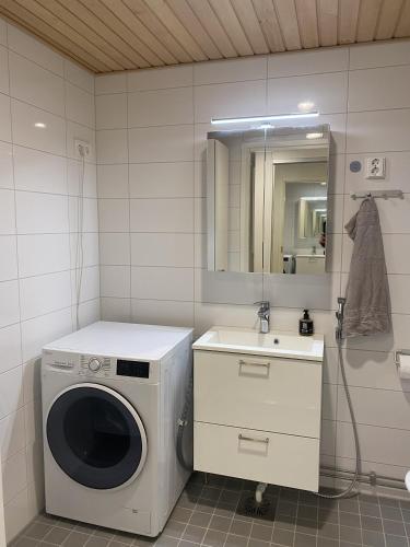 a washing machine in a bathroom with a sink at Modern studio next to Finnoo metro - Tuohi BossHomes in Espoo