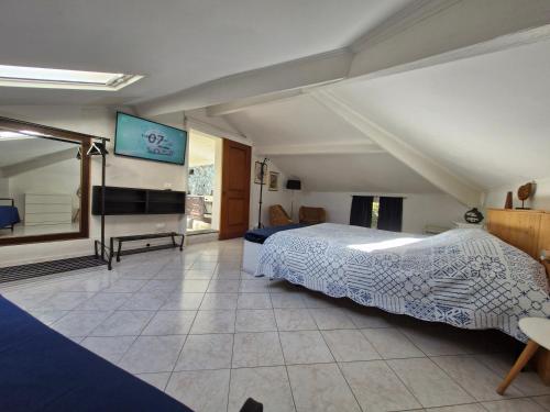 ein Schlafzimmer mit einem Bett und einem Fernseher an der Wand in der Unterkunft Ca dell'acciuga in Cervo
