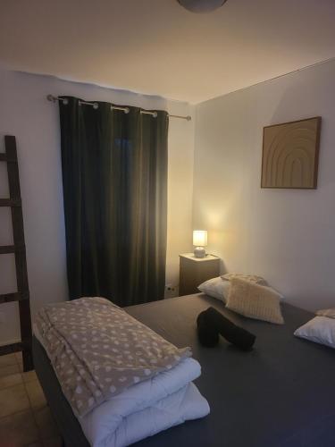 a bedroom with two beds and a green curtain at Le Roche-Velours in Paray-le-Monial