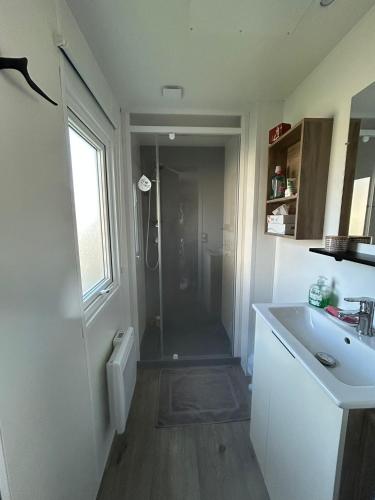 a bathroom with a shower and a sink and a toilet at Camping du CONGUEL in Quiberon