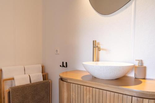 a bathroom with a bowl sink on a counter at Tiny House XL | 2 persons in Gasselte