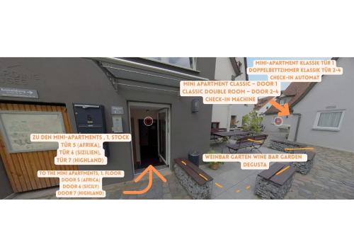 a collage of photos of a house with signs at H+M Boarding Houses in Lauf an der Pegnitz