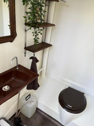 a bathroom with a black toilet and a sink at Drängstugan - Tiny House in Johannesberg