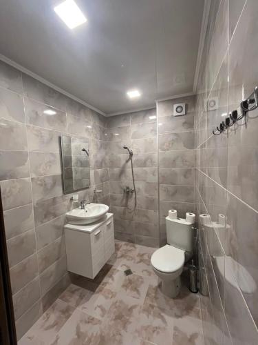 a bathroom with a toilet and a sink at Червената къща in Hisarya