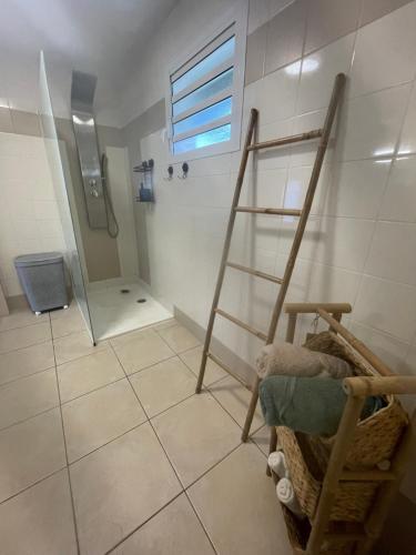 a bathroom with a ladder and a shower and a basket at La Villa Nature in La Plaine des Cafres