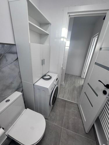 a white bathroom with a toilet and a washer at The Cozy Velvet in Ocna-Mureşului
