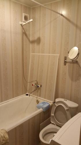 キロフスクにあるApartment on Sovetskoy Konstitutsiiのバスルーム(トイレ、バスタブ、シャワー付)