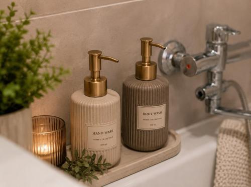 two soap dispensers sitting on top of a bathroom sink at Апартаменти 2-кім Тарнавського in Ternopil