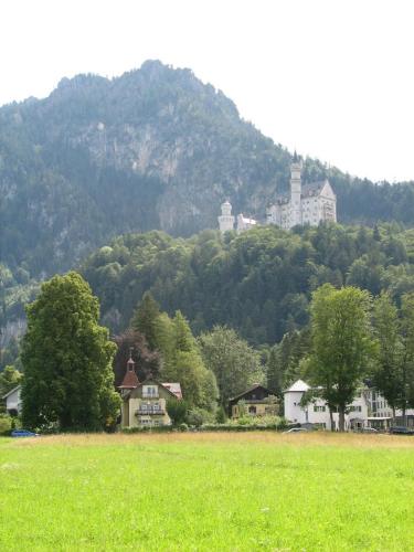 a green field with houses in front of a mountain at Apartment mit Seeblick - Hopfen am See in Füssen