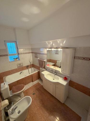 a bathroom with a sink and a toilet and a tub at Silver View House in Theologos