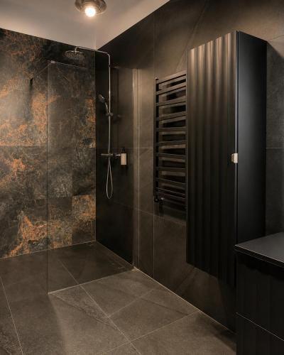a bathroom with a shower with a glass door at Apartament Contra II in Wodzisław Śląski