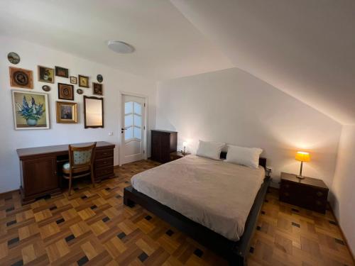 a bedroom with a bed and a desk and a table at Casa de sub Hășmaș in Bălan