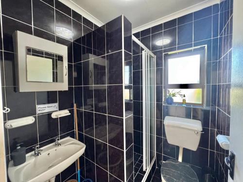 a black tiled bathroom with a sink and a toilet at Sunesta Cottage in Gqeberha
